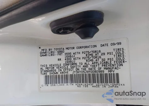 2000 Toyota Land Cruiser из США, поврежденный, VIN JT3HT05J9Y0080989